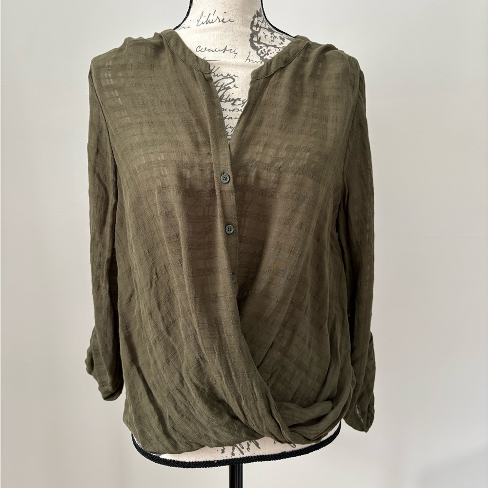 a.n.a Olive Green Button-Front Blouse